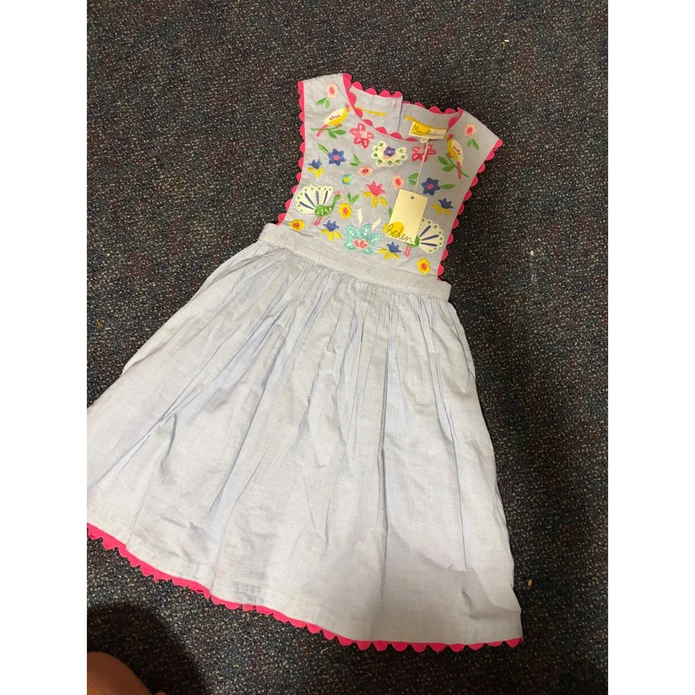 Mini Boden Girls Embroidered Peacock Floral Scallop Dress Blue Pink 7-8Y G3206